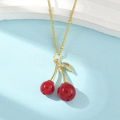 Brass Resin Fruit Cherry Pendant Satellite Chain Necklaces for Women NJEW-D306-02G-B-1