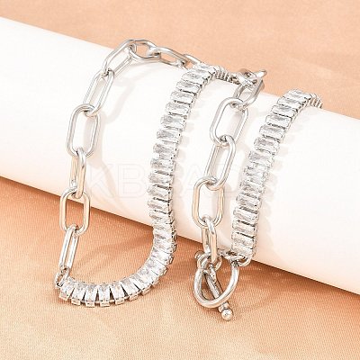 304 Stainless Steel Pave Clear Cubic Zirconia Tennis Chain Paperclip Chain Necklaces with OT Clasps NJEW-D326-02P-1