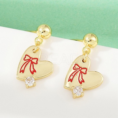 Brass Micro Pave Clear Cubic Zirconia Heart Dangle Stud Earrings EJEW-S277-12G-1