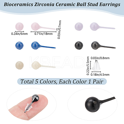 5 Pairs 5 Colors Hypoallergenic Bioceramics Zirconia Ceramic Stud Earrings for Sensitive Ears EJEW-BBC0001-42B-1