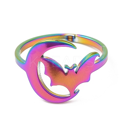 Ion Plating(IP) 304 Stainless Steel Moon with Bat Adjustable Ring for Women RJEW-M149-04RC-1