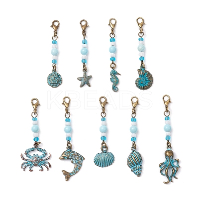 9Pcs Ocean Theme Alloy Charm & Glass Beads Pendant Decorations HJEW-JM03158-1