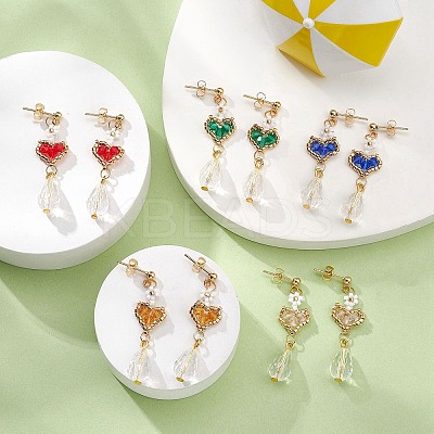 Glass Heart with Acrylic Flower Dangle Stud Earrings EJEW-MZ00077-1