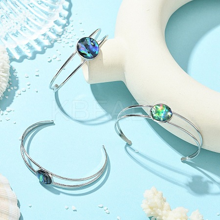 3Pcs 3 Styles Natural Abalone Shell 304 Stainless Steel Open Cuff Bangle Sets with Enamel BJEW-JB14413-02-1