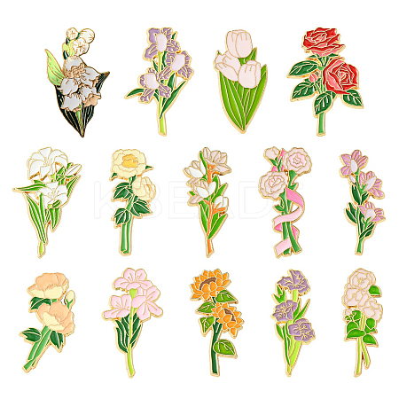 14Pcs 14 Styles Flower Enamel Pins JEWB-CJ0001-75-1