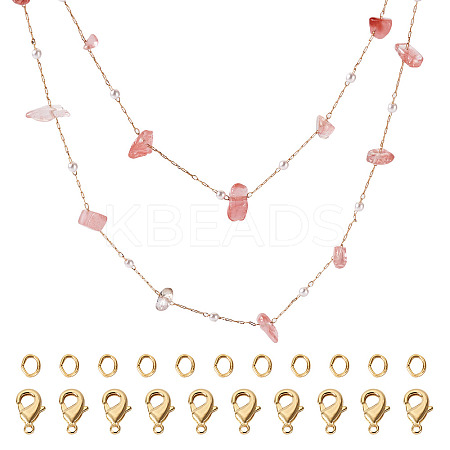 3m Natural Rose Quartz Chips & ABS Plastic Imitation Pearl Beaded Chains Necklace Making Kits CHC-TA0001-30B-1