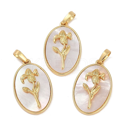 Rack Plating Brass Pave Shell Oval Pendants KK-U032-92G-06-1