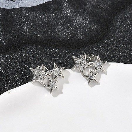 Star Brass Micro Pave Clear Cubic Zirconia Stud Earrings EJEW-F383-06P-1