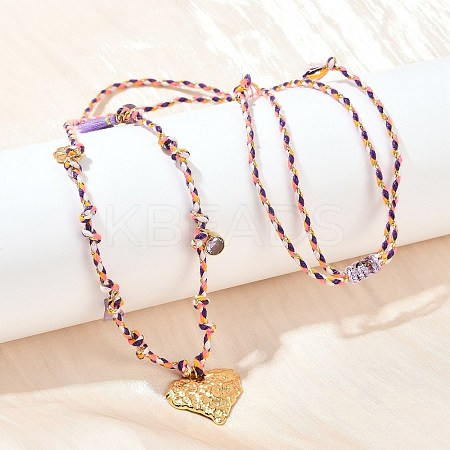 304 Stainless Steel Textured Heart Pendant Cotton Cord Adjustable Necklaces NJEW-C093-01G-1
