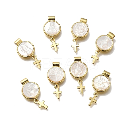 Brass Pave Natural White Shell Flat Round with Cross Pendants KK-C090-40G-1