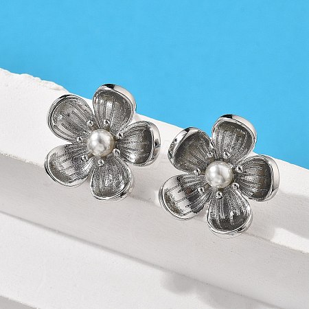 Brass ABS Plastic Imitation Pearl Flower Stud Earrings EJEW-S258-05P-1