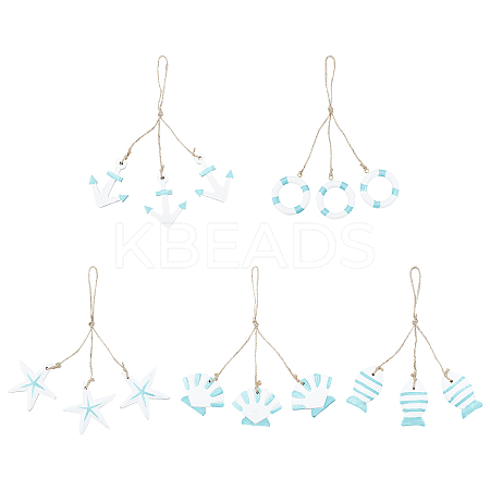 5Pcs 5 Styles Mediterranean Style Natural Wood Pendant Ornaments HJEW-PH0001-36-1