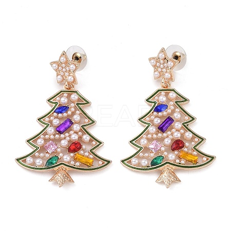 Christmas Tree Alloy Colorful Rhinestone & Plastic Pearl Dangle Stud Earrings for Women LS-EJEW-L203-09KCG-1