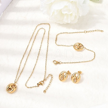 304 Stainless Steel Oval Pendant Necklaces & Bracelets & Stud Earrings Sets SJEW-P008-02G-1