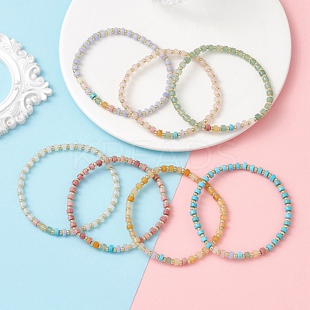 7Pcs Natural & Synthetic Mixed Gemstone & Brass Beads Stretch Bracelets for Women BJEW-JB13334-1