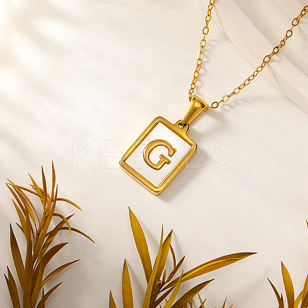 Rectangle 304 Stainless Steel Pave Natural White Shell Initial Pendant Necklaces for Women FS-WGB5EDA-07-1