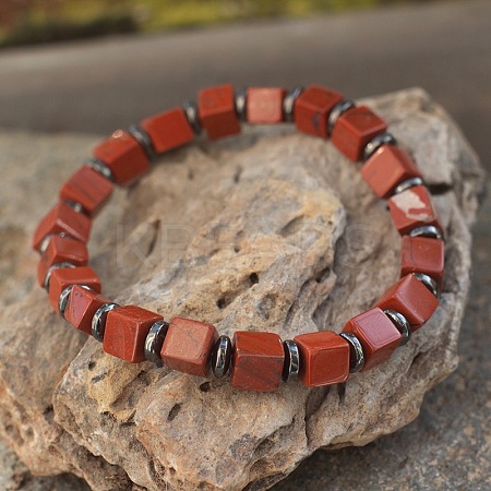 Cube Natural Red Jasper & Synthetic Non-magnetic Hematite Beads Stretch Bracelets for Women Men PF6426-18-1