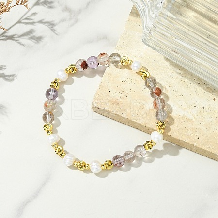 Round Natural Lodolite Quartz & Cultured Freshwater Pearl & Brass Beaded Stretch Bracelets for Women BJEW-JB14060-03-1