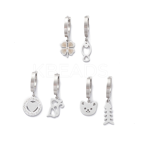 3 Pair 3 Style Heart & Bear & Fish & Clover Crystal Rhinestone Asymmetrical Earrings EJEW-B020-15P-1