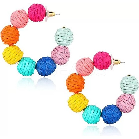 C-Shaped with Round Alloy Raffia Stud Earrings FS-WG1D567-04-1