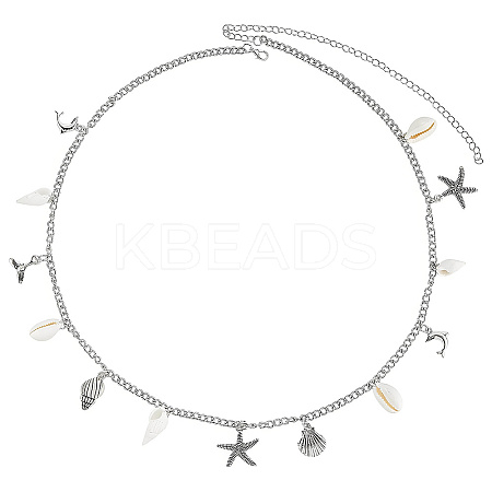 Ocean Theme Alloy and Natural Shell Starfish Shell Shaped Charm Waist Chains with Alloy Buckle AJEW-WH20019-31-1