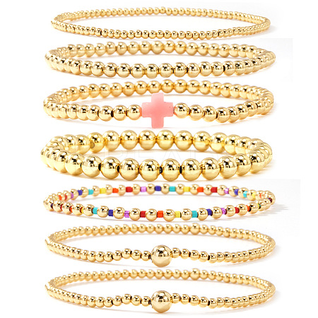 7Pcs Brass Round Beaded Bracelets for Women SB9067-3-1