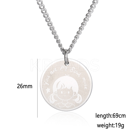 304 Stainless Steel Female Flat Round Pendant Cartoon Couple Twisted Chain Necklaces QA8832-2-1