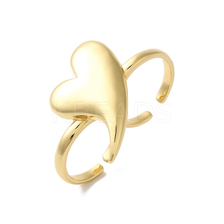 Rack Plating Heart Brass Open Cuff Double Rings for Women RJEW-G320-01G-1