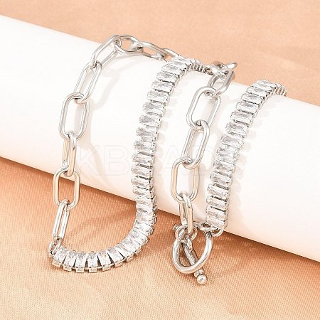 304 Stainless Steel Pave Clear Cubic Zirconia Tennis Chain Paperclip Chain Necklaces with OT Clasps NJEW-D326-02P-1