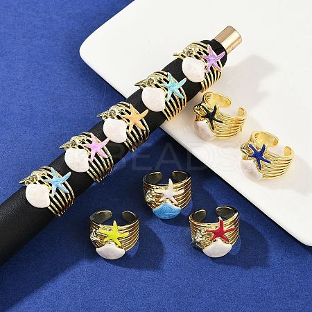 Brass Enamel Adjustable Cuff Rings for Women RJEW-G357-01G-1