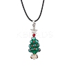Electroplate Glass Beaded Dark Cyan Christmas Tree & Alloy Star Pendant Black Waxed Cotton Cord Necklaces NJEW-MZ00123-02-2