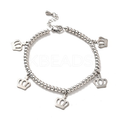 Tarnish Resistant 304 Stainless Steel Crown Charm Bracelet with 201 Stainless Steel Round Beads for Women BJEW-B057-23P-1