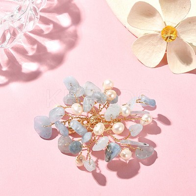 Natural Aquamarine Chips & Pearl Beaded Flower Brooch Pin JEWB-BR00098-04-1
