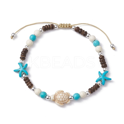 Starfish & Tortoise Synthetic Turquoise Braided Bead Anklets AJEW-AN00564-01-1