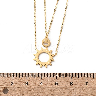 304 Stainless Steel Sun and Smiling Face Pendant Double Layer Necklaces for Women NJEW-A045-14G-1