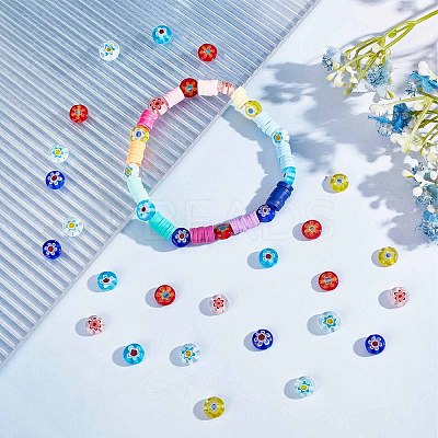 180Pcs 6 Colors Handmade Millefiori Glass Flat Round Bead Strands FIND-SC0003-60-1