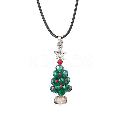 Electroplate Glass Beaded Dark Cyan Christmas Tree & Alloy Star Pendant Black Waxed Cotton Cord Necklaces NJEW-MZ00123-02-1