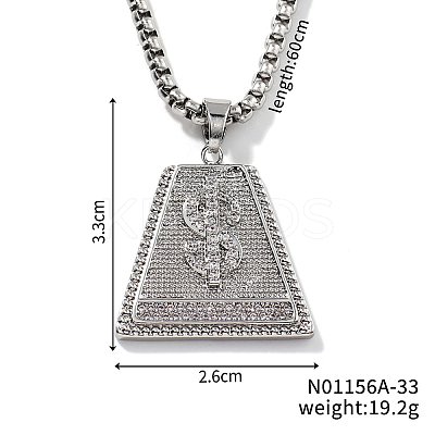 Brass Full Clear Cubic Zirconia Dollar Sign Trapezoid Pendant Box Chain Necklaces IF1636-1-1