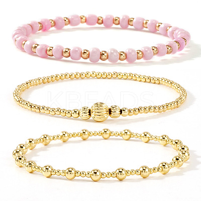 3Pcs Glass & Brass Round Beads Stretch Bracelets HD9470-12-1