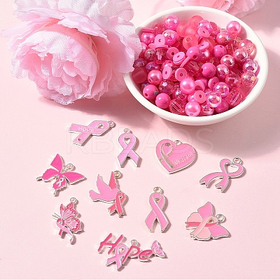 Breast Cancer Pink Awareness Ribbon Theme Alloy Enamel Pendants & Acrylic & Polymer Clay Beads Finding Kits DIY-YW0016-34-1