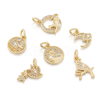 12Pcs 6 Style Brass Micro Pave Clear Cubic Zirconia Charms KK-FW0001-11-1