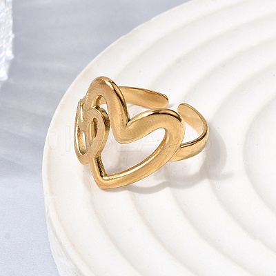 Hollow Heart 304 Stainless Steel Open Cuff Rings for Women RJEW-A091-23G-1