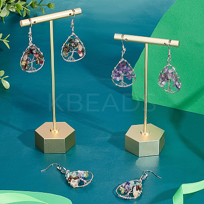 3 Pairs 3 Colors Teardrop with Tree of Life Dangle Earrings EJEW-UN0001-98-1