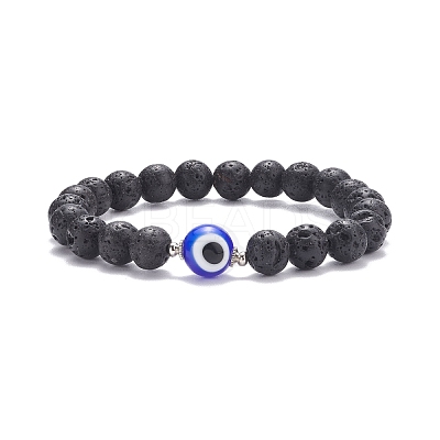 Natural Lava Rock Round Beaded Stretch Bracelet with Evil Eye Lampwork BJEW-JB07838-1
