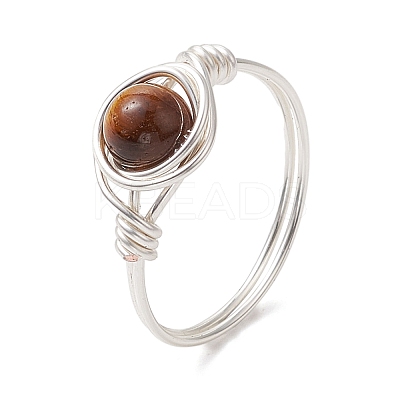 Round Natural Amethyst/Green Aventurine/Carnelian/Rose Quartz/Tiger Eye/Lapis Lazuli Braided Finger Ring RJEW-JR00743-01-1