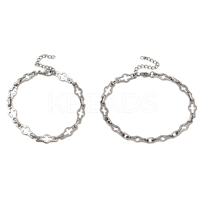 2Pcs 2 Styles 304 Stainless Steel Hollow Cross-Linked Chain Bracelets for Couple BJEW-JB12293-1