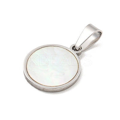 304 Stainless Steel Pave Natural White Shell Flat Round Charms STAS-S130-02P-1