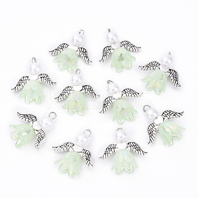10Pcs Acrylic & Imitation Pearl Flower Angel Pendants PALLOY-YW00055-08-1