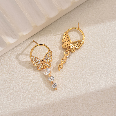 Elegant Butterfly Brass Pave Clear Cubic Zirconia Dangle Stud Earrings UU2168-1