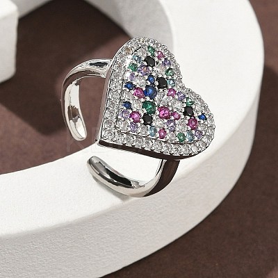 Heart Brass Micro Pave Cubic Zirconia Cuff Rings for Women RJEW-A069-12P-04-1